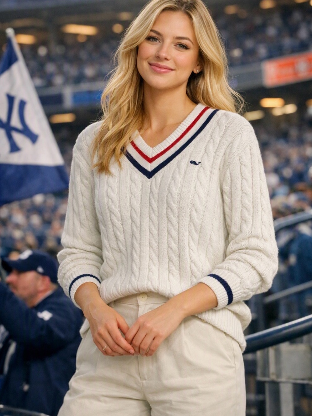 Vineyard Vines Cream Cable Knit V-Neck Sweater with Navy & Red Trim